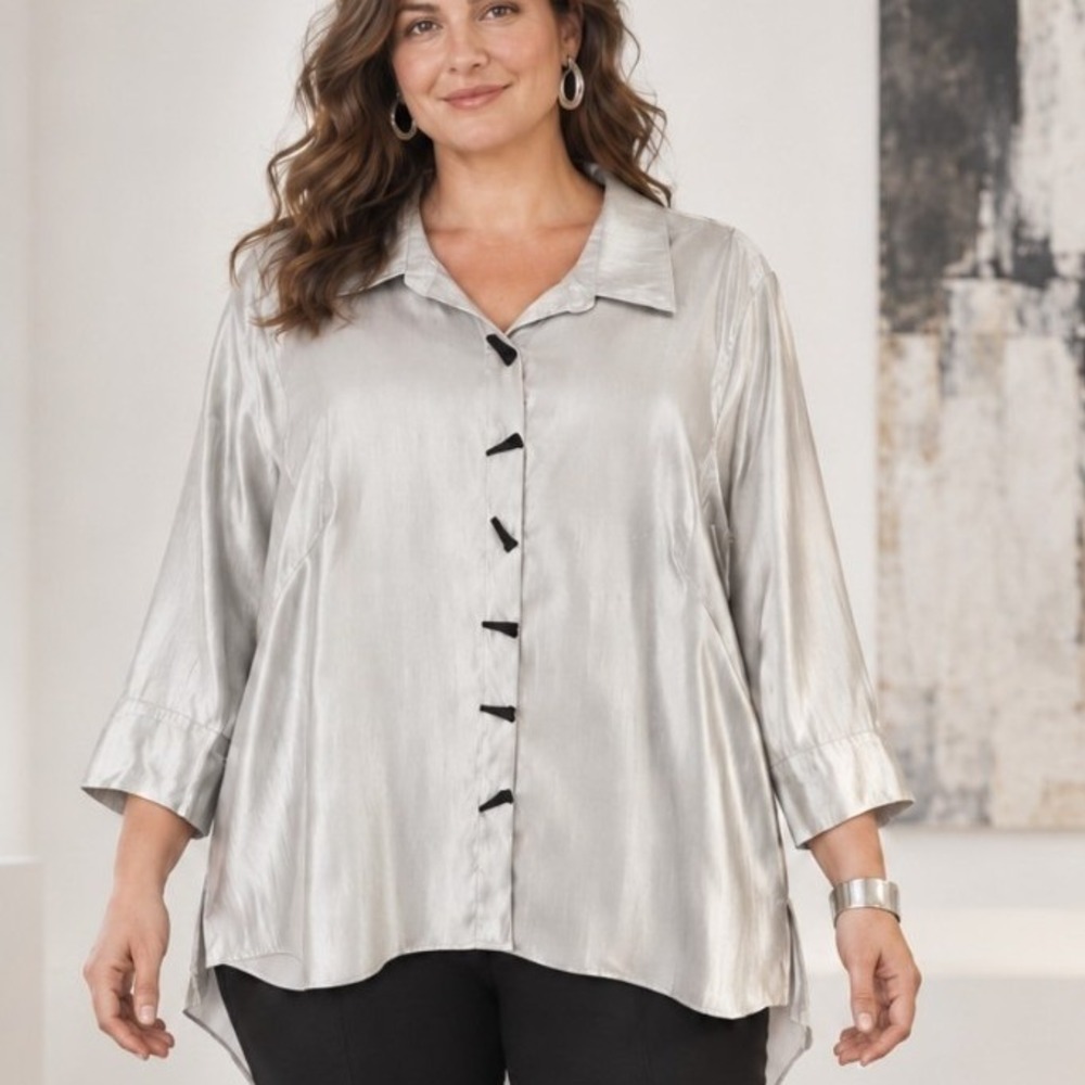 Multiples Blouse Womens L Silver Metallic Button Front High Low Lagenlook Top